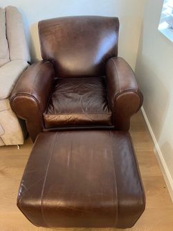 POTTERY BARN Manhattan Leather Armchair with Matching Ottoman