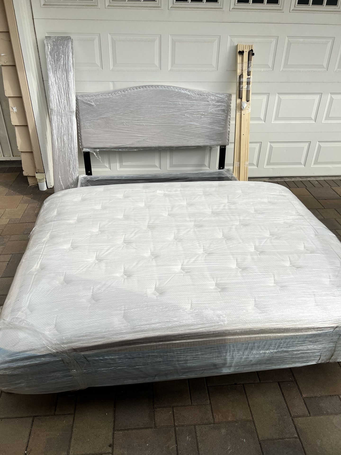 Practically NEW Queen Mattress, Box and frame with under bed storage drawers