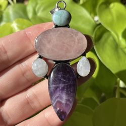 925 Silver Overlay Larimar Amethyst Rose Quartz Moonstone  Pendant