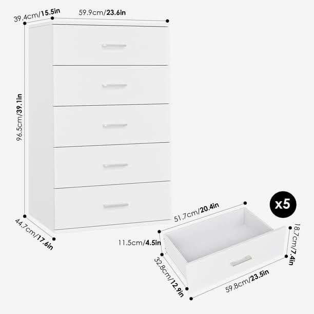 NEW - 5 Drawers White Dresser