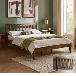 mopio Ted Bed Frame with Headboard, Mid Century Modern Acacia Solid Wood Platform Queen  size