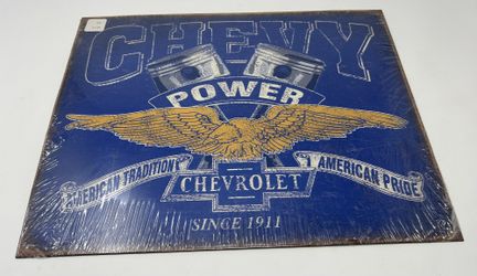 Chevy Power Since 1911 Tin Metal Sign Garage Shop Classic Wings Pistons