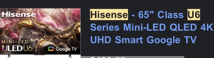 65 Inch U6 Hisense TV