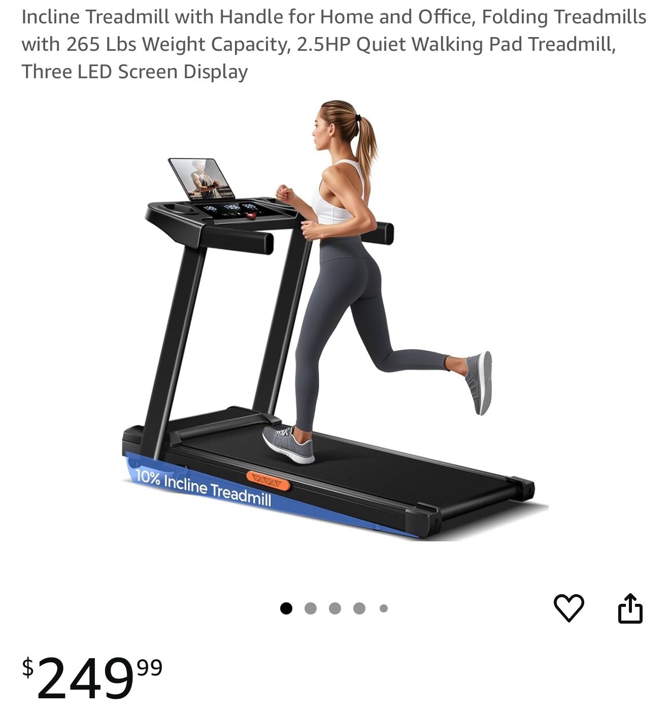 New In Box Incline Treadmill with Handle for Home and Office, Folding Treadmills with 265 Lbs Weight Capacity, 2.5HP Quiet Walking Pad Treadmill, Thre