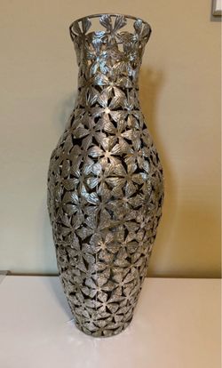 Tall Silver Metal Floral Cutout Decorative Vase