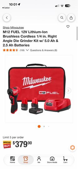M12 FUEL 12V Lithium-Ion Brushless Cordless 1/4 in. Right Angle Die Grinder Kit w/ 5.0 Ah & 2.5 Ah Batteries
