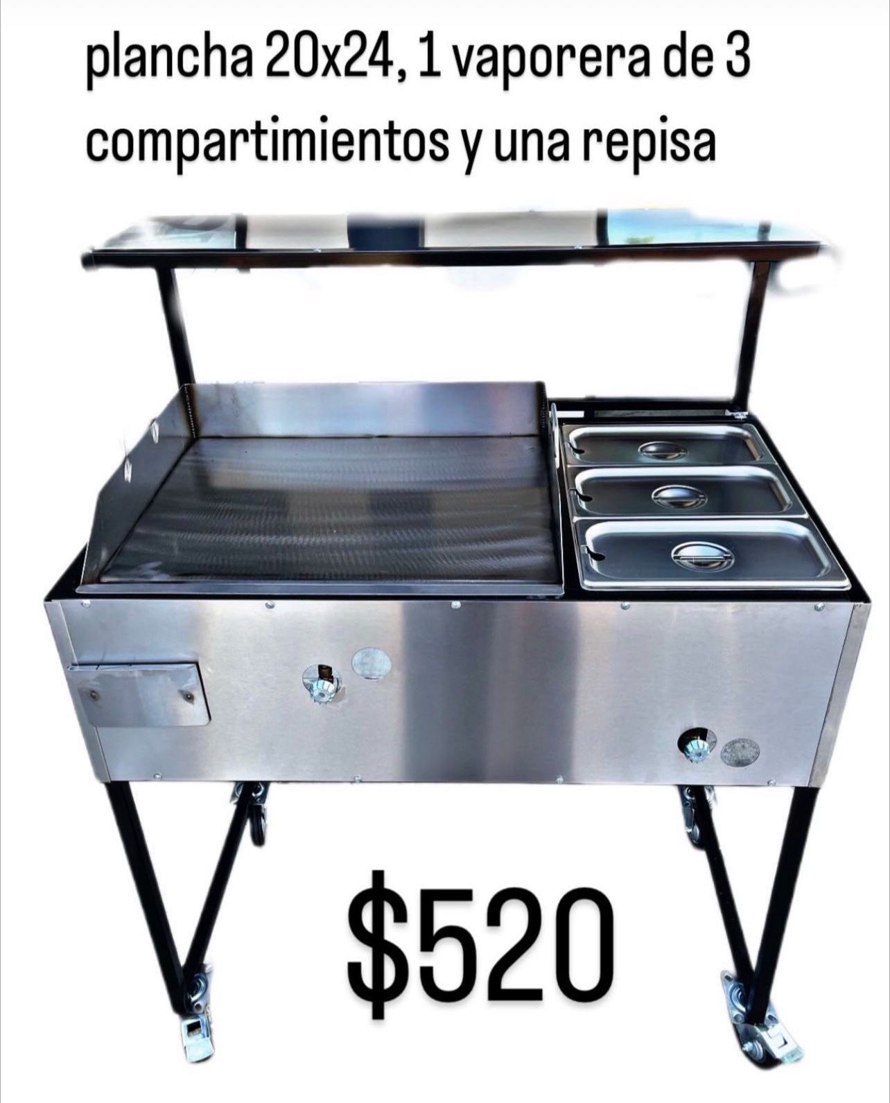 Plancha De 24” | 3 Charolas Baño María | Y Una Repisa | Patas Desmontable | Cachis Taco Carts