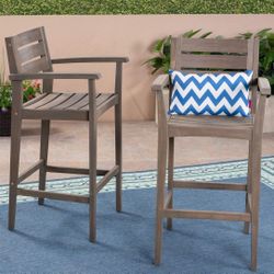 Lera Outdoor Rustic Acacia Wood Barstool (Set of 2), Gray Finish