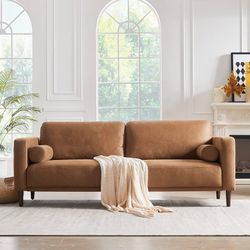 79" Brown Faux Leather Couch for Living Room, Mid-Century Modern Sofa Comfy 3 Seater Sofa w/2 Pillows, Cloudlike Cushion, 21" Deep Love Seat for Offic