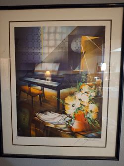 This is a Raymond Poulet original lithograph, often titled "Piano and Bouquet" or "Le Piano Bleu," featuring a still life with a piano and flowers.