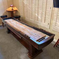 Shuffleboard Table w/ Storage, Sand, Pucks & Bowling Game – Great Condition