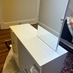White Vanity + Clear Acrylic Chair