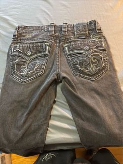 Rock Revival Mens Alt Straight Jeans Gray Black Neon Lime Green Purple Stitch 32