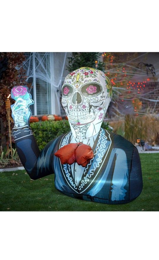5.2 FT Halloween Inflatables Sugar Skull Gentleman Flower Day of The Dead Skeleton Mexican Fiesta Blow Up Yard Decor with Built-in LED for Holiday Par