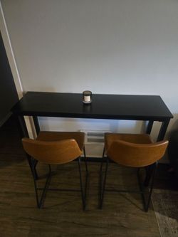 Black Bar Table with Two Leather Stools