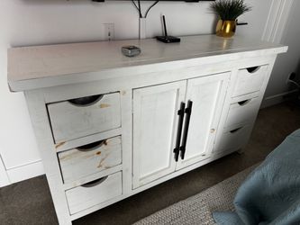 White rustic credenza with black hardware