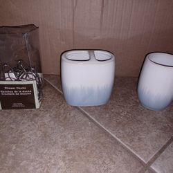 Bathroom Accessory Set with Toothbrush Holder, Tumbler, and Shower Hooks
