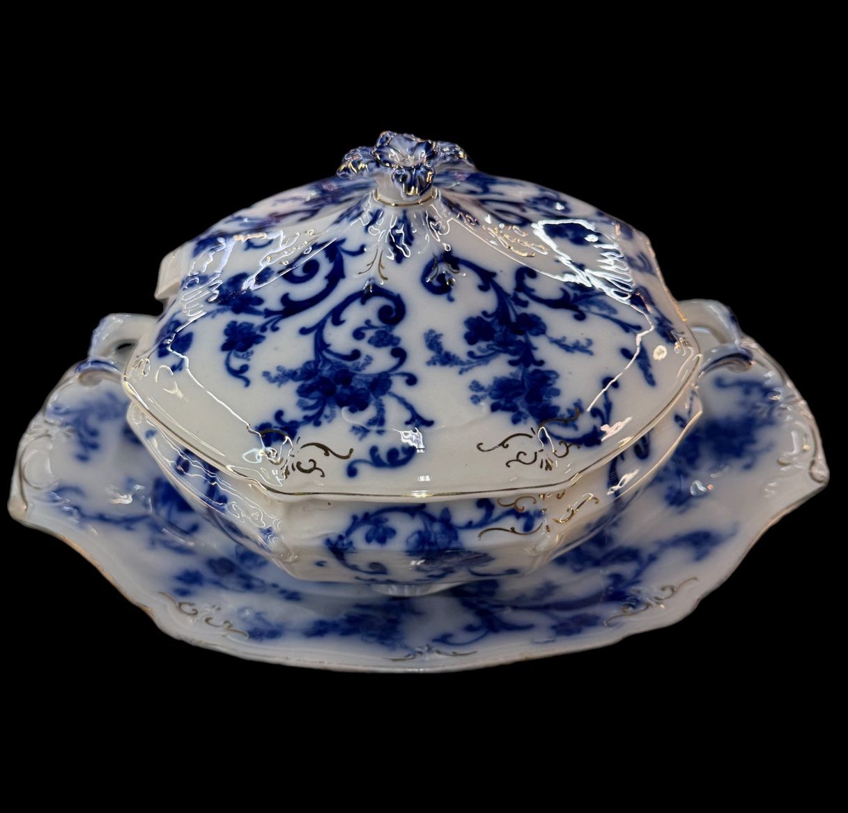Rare 1800s Antique Flow Blue Lidded Tureen Ridgways Gainsborough England Floral with under Plate