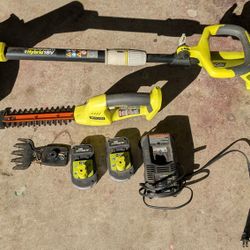 Ryobi Cordless 18v Lithium Grass Trimmer And Weed Wacker, Two Batteries And Charger