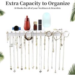 Necklace Holder Wall Hanging Organizer: Wall Mounted Jewelry Shelf with 30 Hooks