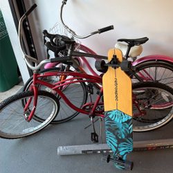3 Bikes - 2 Beach Cruisers And Road Bike And Longboard 