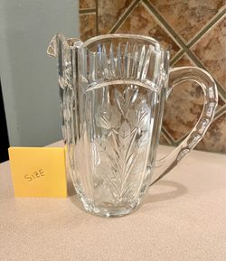 Vintage Etched Glass Floral Water Pitcher • Heavy Clear Crystal Style