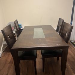 Dining Table with Glass Insert + 4 Chairs – Dark Wood