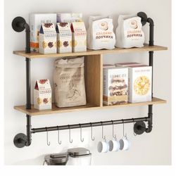 Industrial Pipe Wall Shelf with Hooks