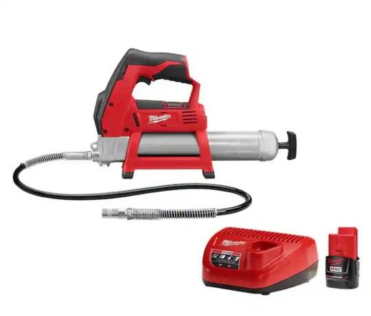 MILWAUKEE M12 12V Lithium-Ion Cordless Grease Gun with 2. 0Ah Battery and Charger Starter Kit, NEW WITH WARRANTY