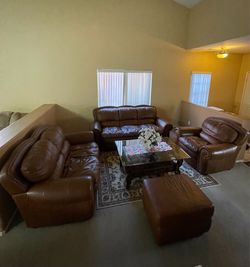 Brown Leather Living Room Set with Ottoman. OBO