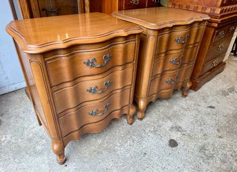 Pair of French Provincial Solid Wood 3 Drawer Nightstands