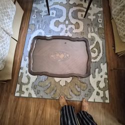 Inlaid Wood Occasional Table With Glass Serving Tray 