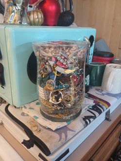 Large jewelry jar lots of good things inside vintage mod all kind of good stuff