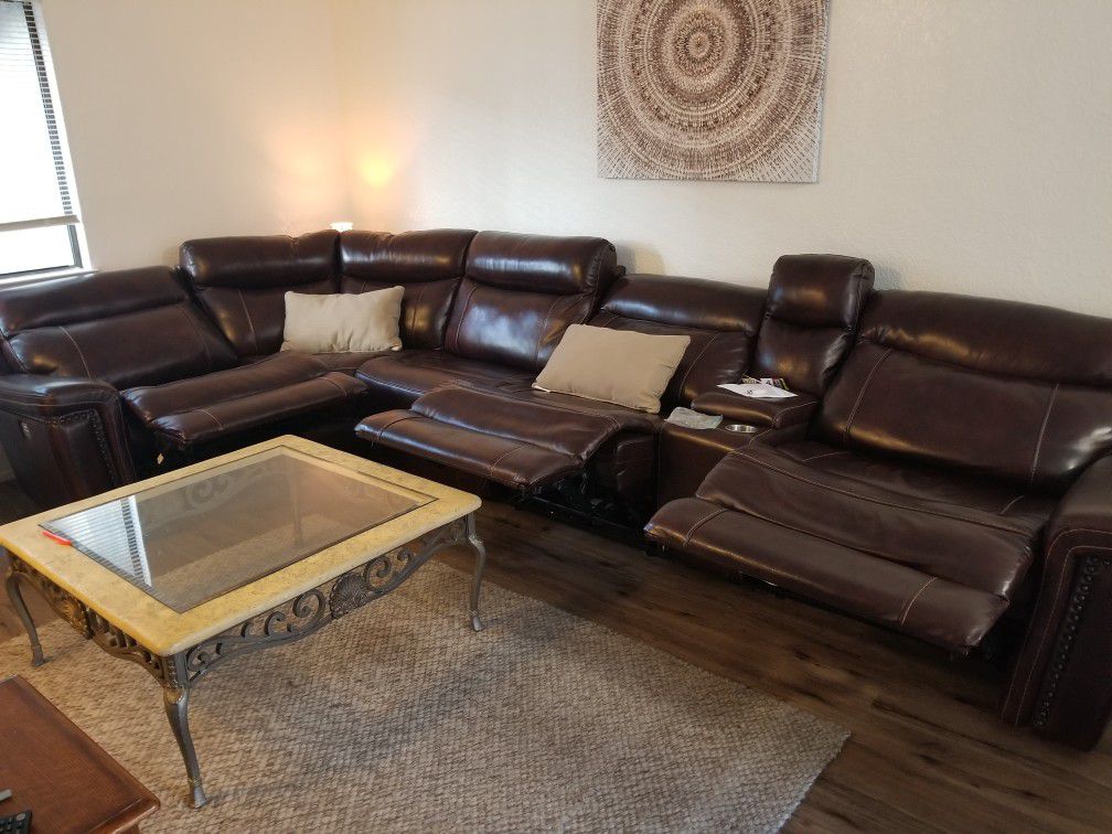 Near new brown leather sectional couch usb ports
