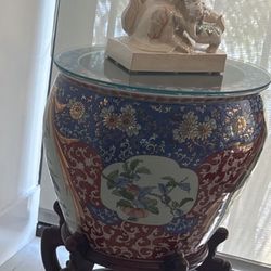 2 Asian Chinese Chinoiserie JUMBO PALACE SIZE Koi Fish Planter Pot Tables W/ Glass & Wood Pedestal Stand For Plant, Tree, Art Statue, Vase, Lamp. PAIR