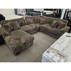 Corduroy Fabric Upholstered U-Shaped Sectional Sofa with Pull Out Bed