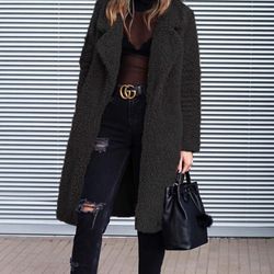 Women's Fuzzy Fleece Lapel Open Front Long Cardigan Coat Faux Fur Warm Winter Outwear Jackets