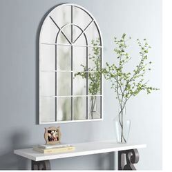 Arched Window Finish Metal Mirror, 32 x 45 Inches, Window Decor for Living Room, Entryway, Off-White
