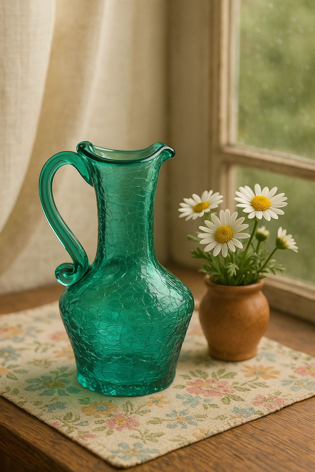 Vintage 1960s Crackle Glass Green Mini Pitcher Hand-Blown Applied Handle, 2.5x5.5”