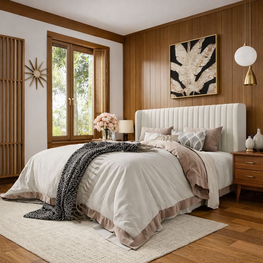 Modern Cream Queen Upholstered Bed Wingback Platform Frame