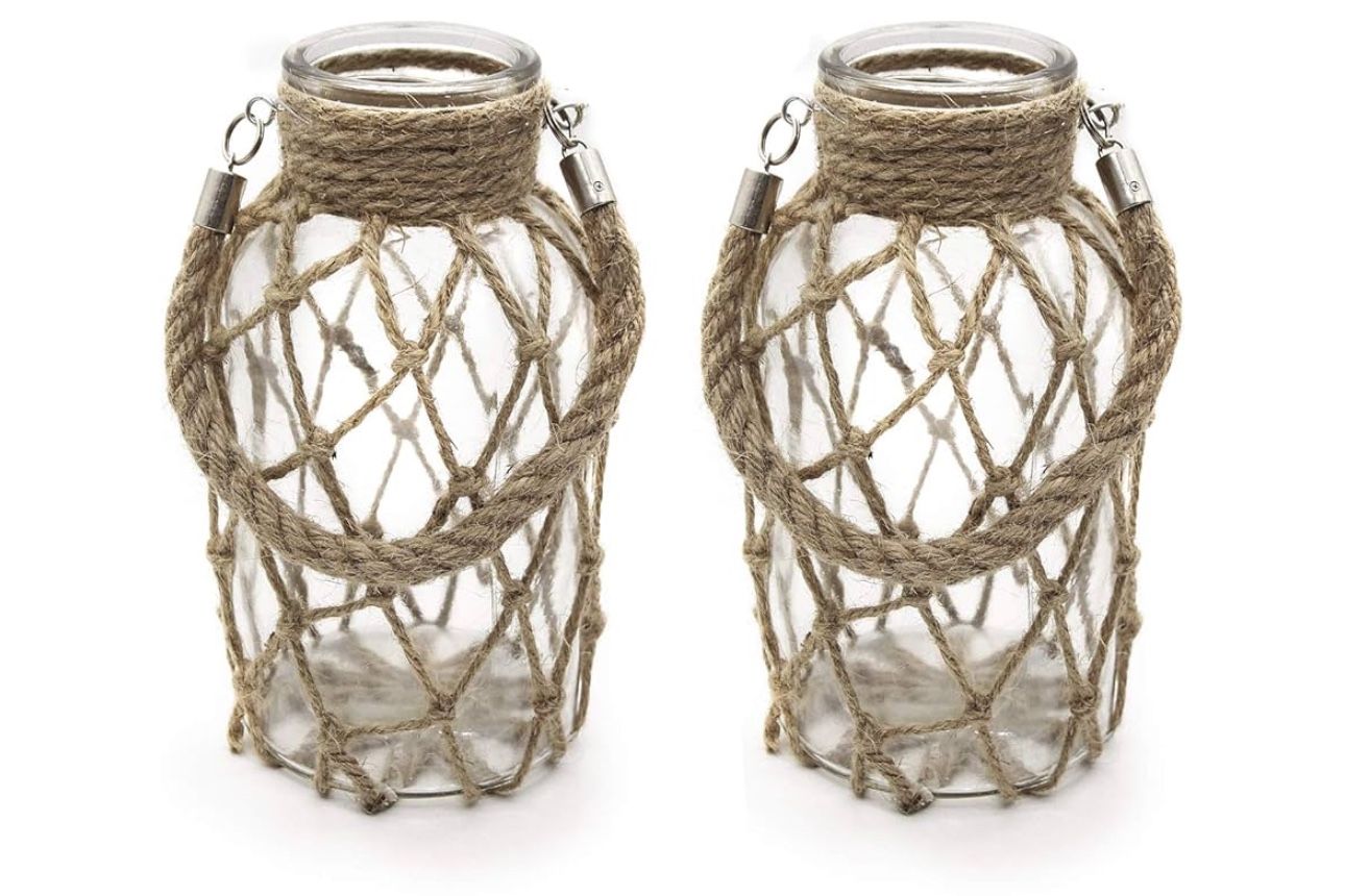 (300070) Rustic Hanging Mason Nautical Jar Rope Net Dry Flower Glass Vase with Handle Pack of 2 (2 Vase 8")