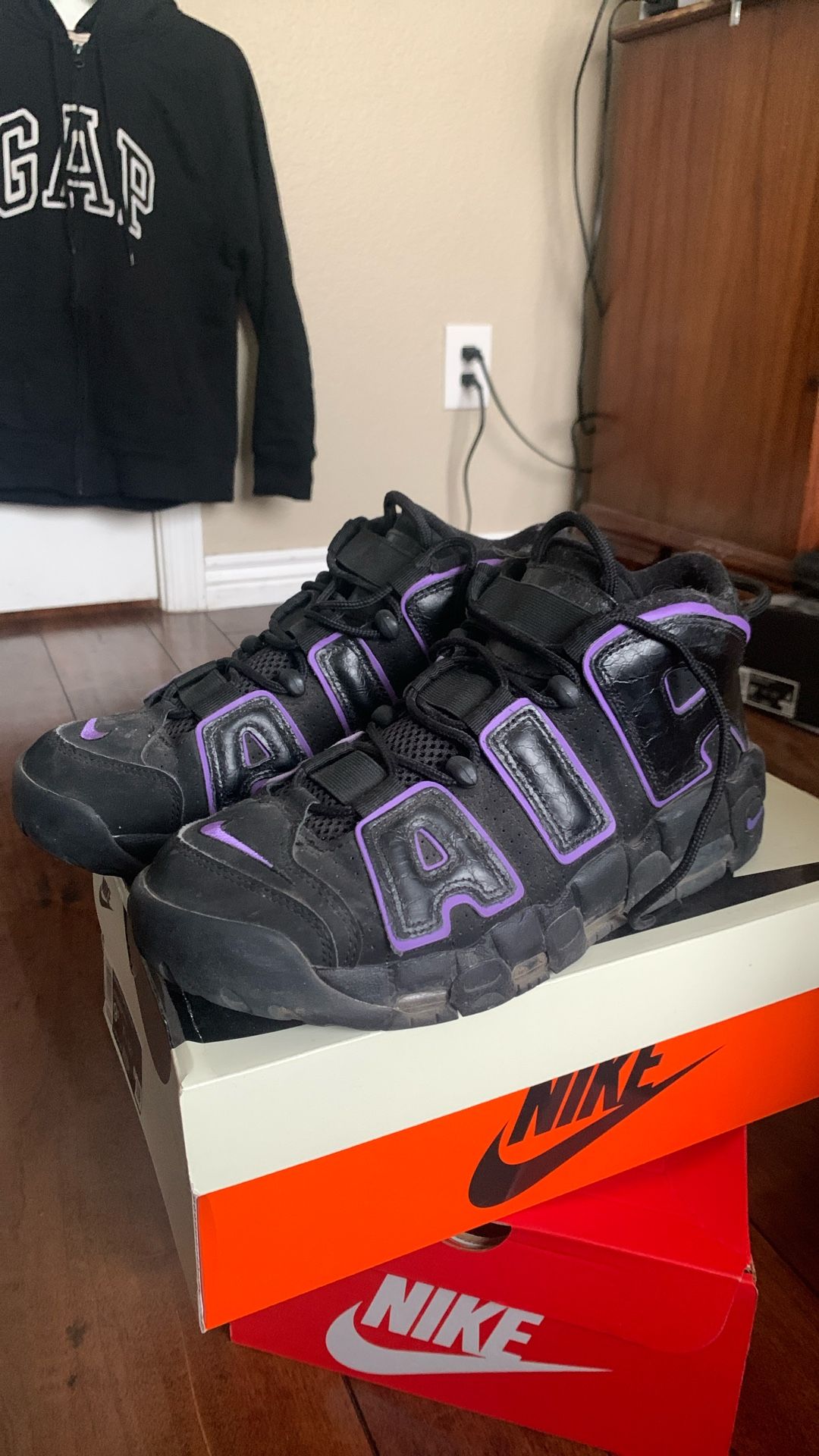 Nike Uptempos Black and Purple