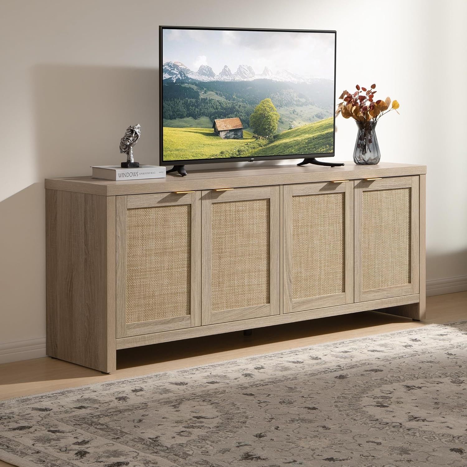 61.5”TV Stand for Living Room Boho Entertainment Center for Bedroom with 4 Rattan Cabinets Farmhouse Television Stands with Storage Large Media Consol