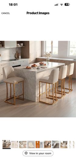 LSSBOUGHT Counter Height Bar Stools Set of 4, Beige Counter Stools with Back and Gold Metal Frame,Modern Barstools with Footrest, Upholstered Leathair