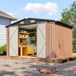 10x8 FT Outdoor Storage Shed, Utility Steel Tool Shed with Lockable Door and Air Vents, Galvanized Metal Shed for Garden Backyard Patio Lawn (10'x8', 