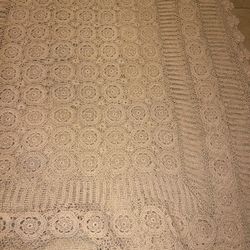 Vintage Hand Crocheted Tablecloth Or Cover Beige 76X64 Inches scalloped edge Stretches 1950’s