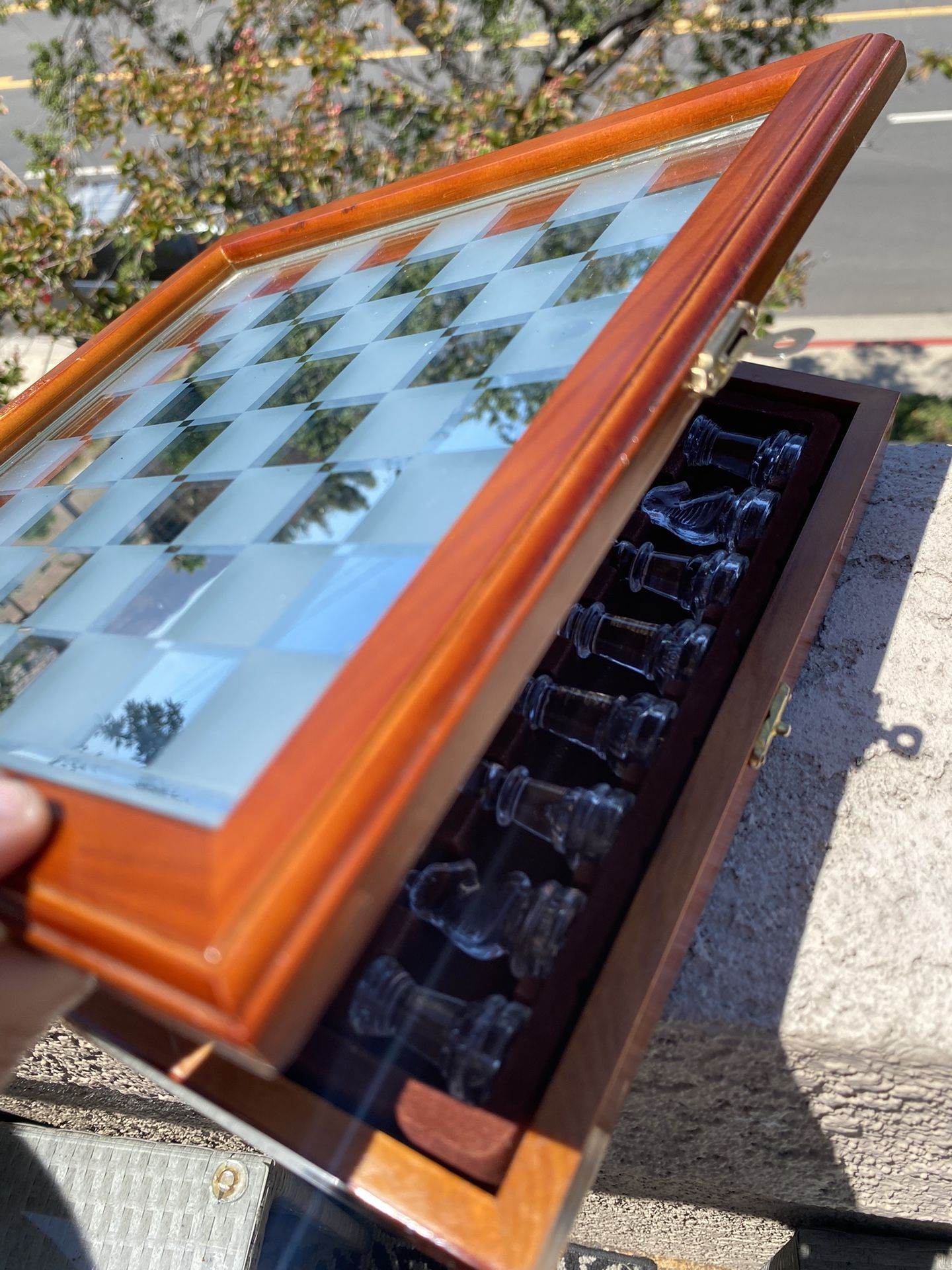 Vintage Glass Chess Set with Wooden Case