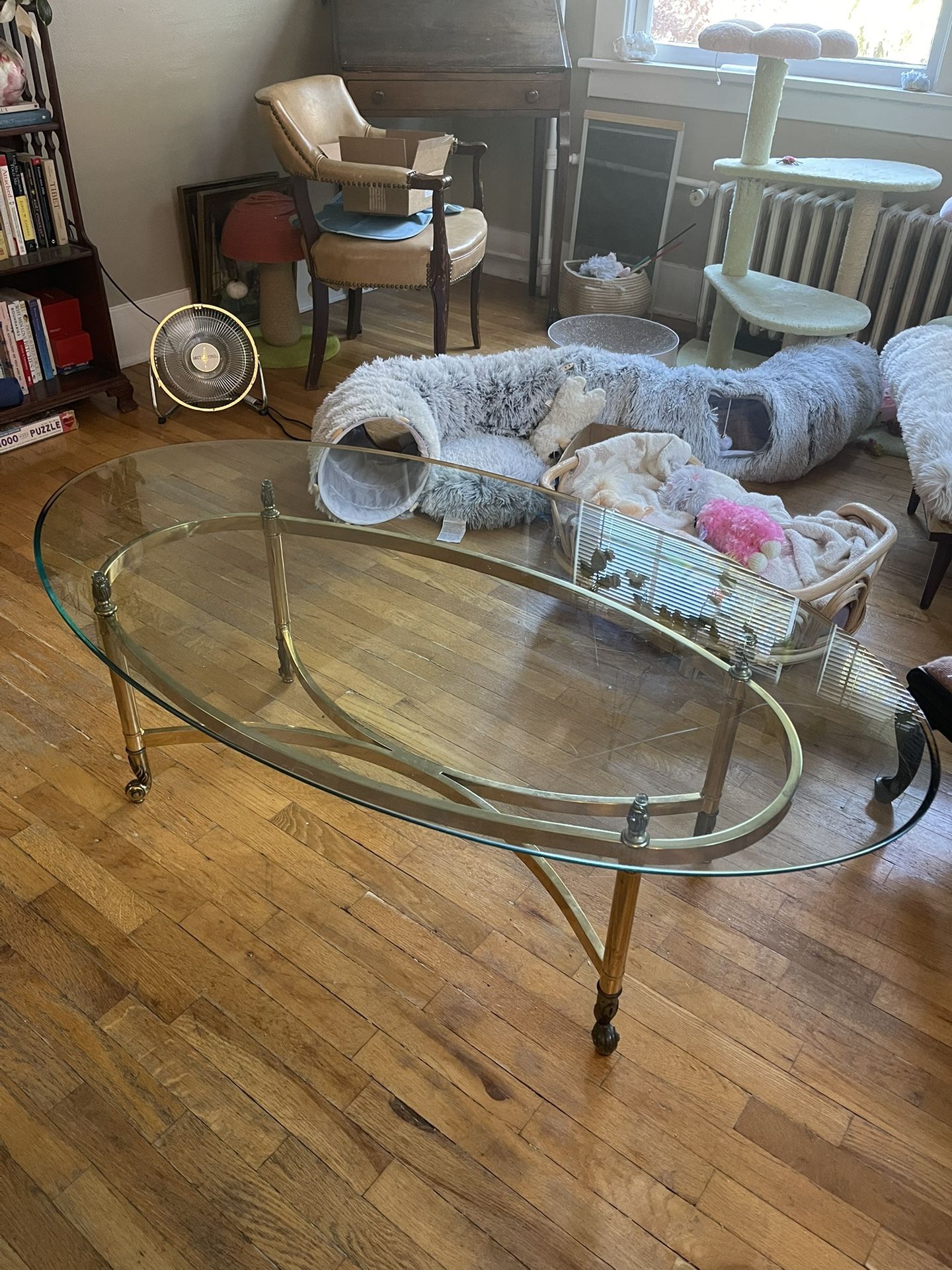 vintage glass coffee table with gold accents