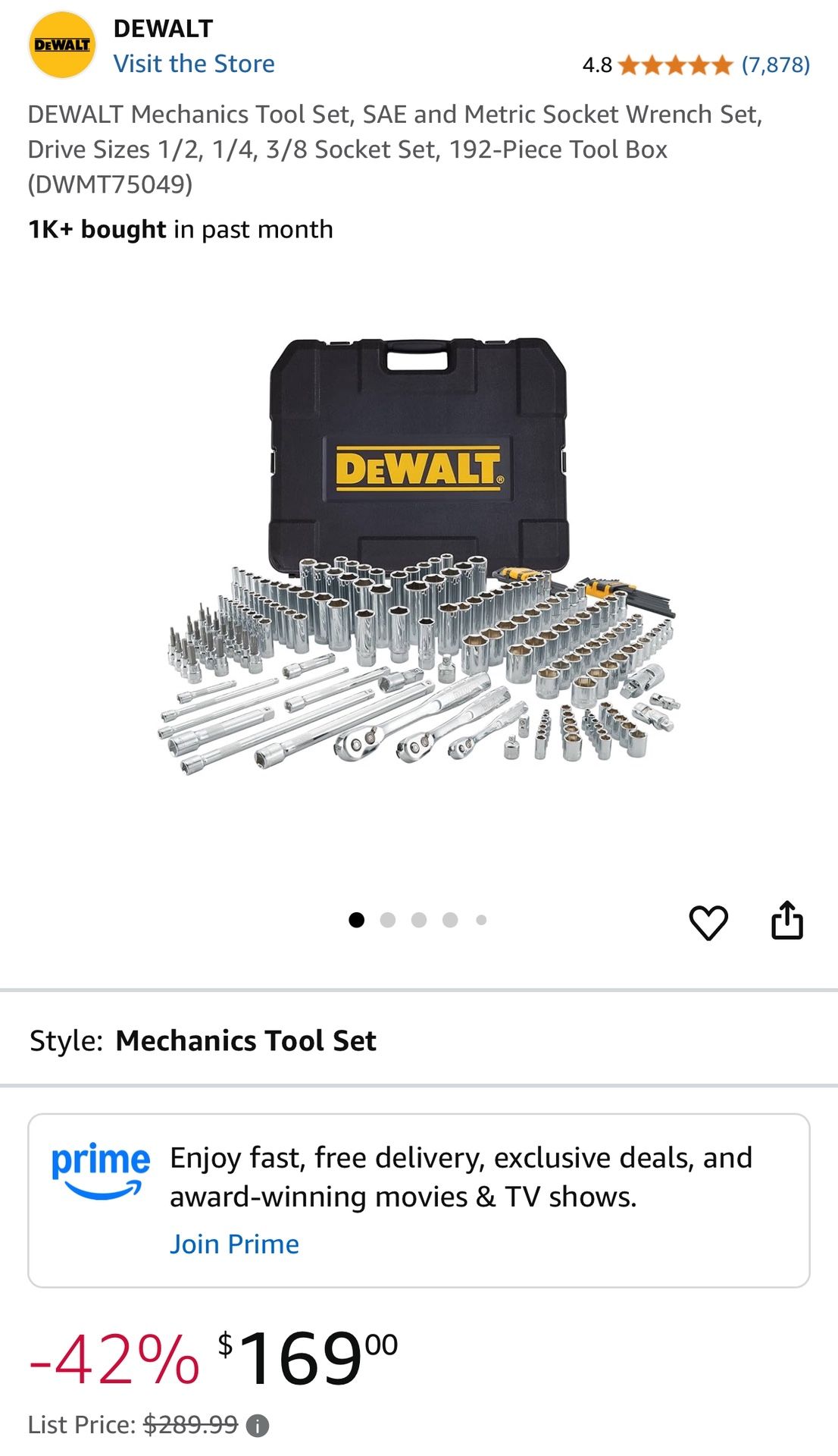 DEWALT Mechanics Tool Set, SAE and Metric Socket Wrench Set, Drive Sizes 1/2, 1/4, 3/8 Socket Set, 192-Piece Tool Box (DWMT75049)