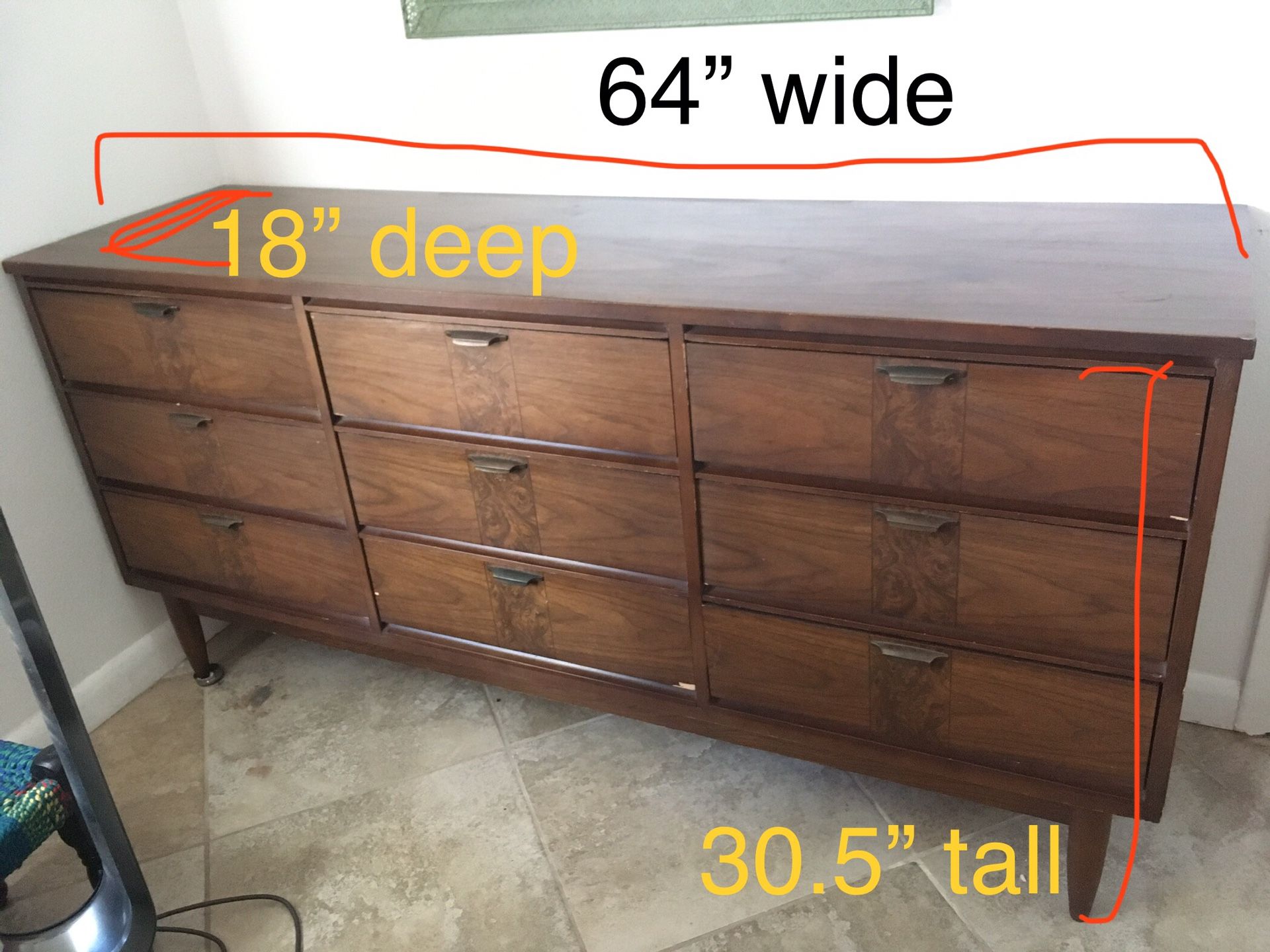 Mid century 9-drawer dresser and mirror